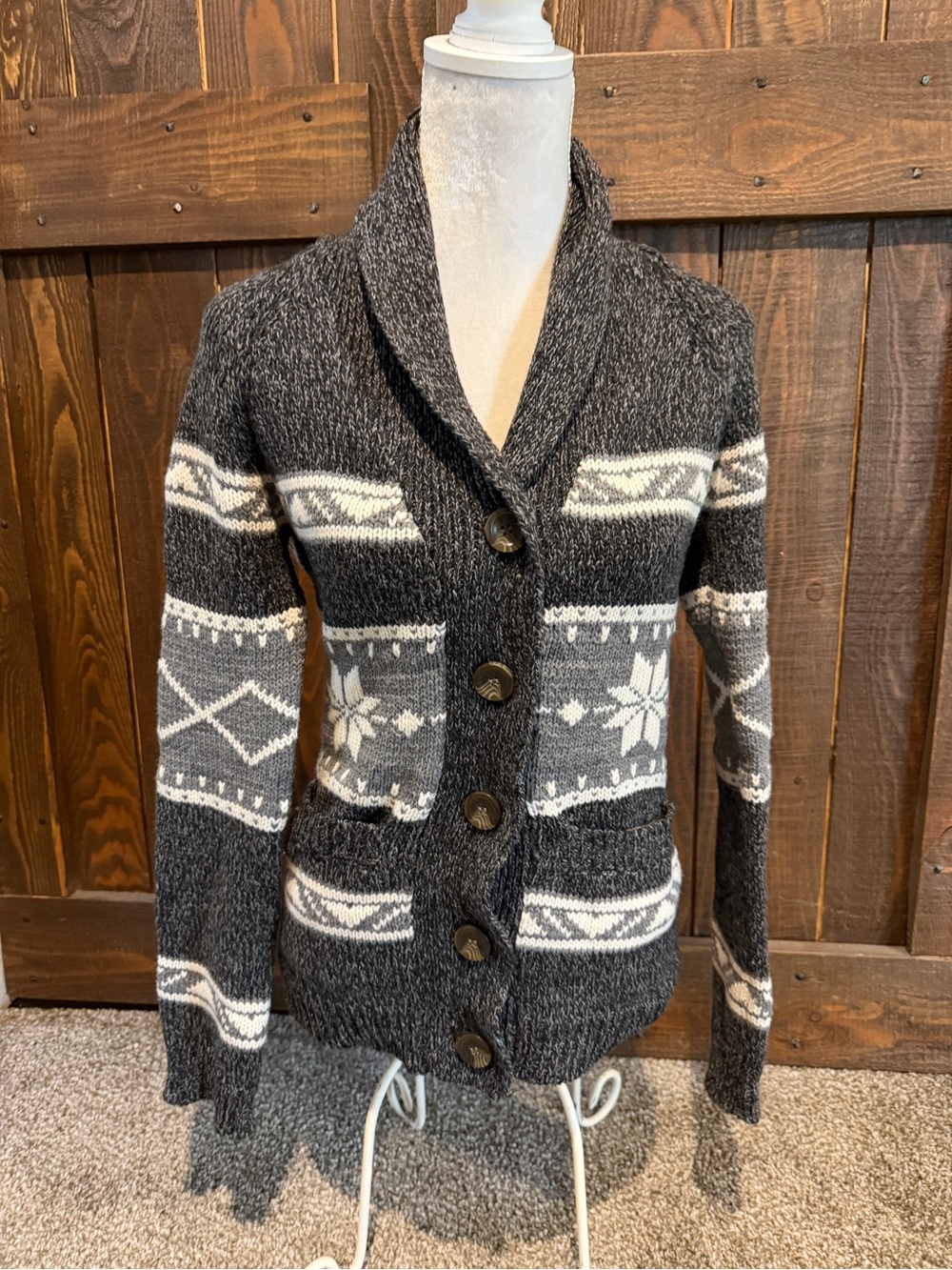 Nordic Fair Isle Chunky Knit Shawl Collar Cardigan Nordic Snowflake Med